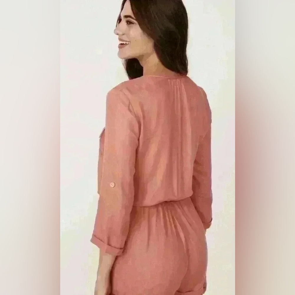 LA VIE EN ROSE Blush/Pale Coral Collared Jumpsuit with Rolled Sleeves - Picture 7 of 10